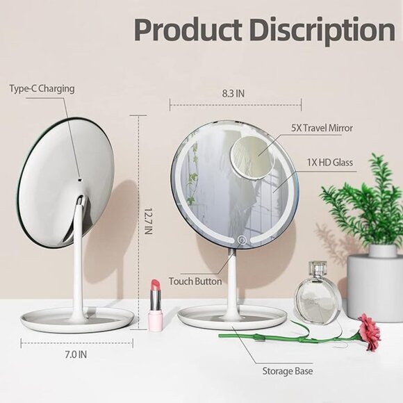 Lighted Makeup Mirror with 1X/5X Magnification,8.3" Rechargeable *new* - Picture 3 of 9